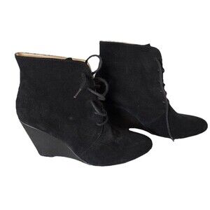 Isaac Mizrahi Womens 8M Andrea Ankle Booties Black Suede/ LeatherWedge Side Zip
